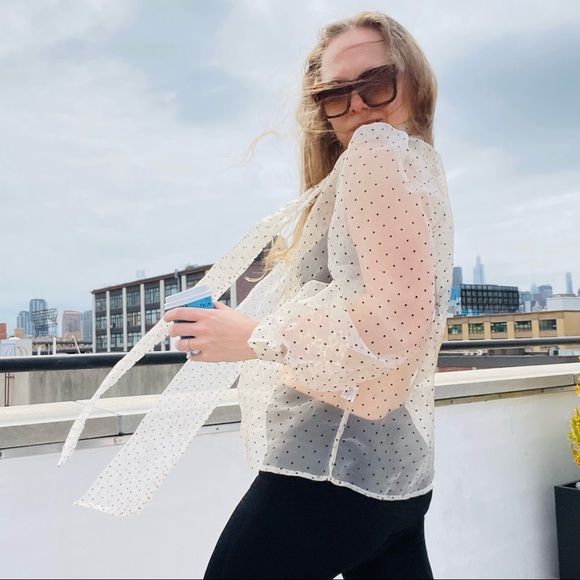 Transparent Polka Dot Puff Sleeve Shirt Bishop Statement Sleeves Neck Bow - Picture 13 of 16